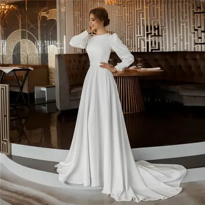 Женское атласное платье с длинным рукавом, элегантное белое платье в  мусульманском стиле, свадебное платье с пуговицами сзади | AliExpress