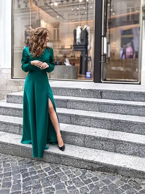 Зелёное платье из шелка с рюшами на талии - 1532 - JK-Fashion