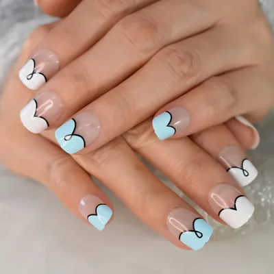 Красивый дизайн, маленькие квадратные ногти, накладные ногти, французский  синий и белый милый дизайн, полное покрытие, маникюр | AliExpress