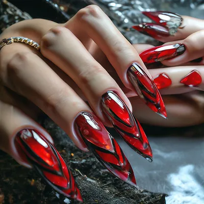 Дизайн длинных красных ногтей - фото