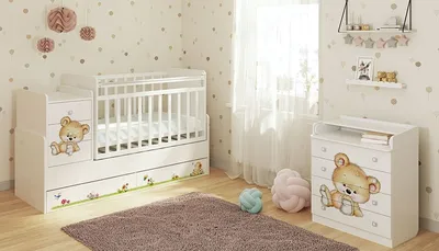 Детская комната Фея Медвежонок, белый: кровать-трансформер + комод 1580  купить недорого в Москве | Baby-Products