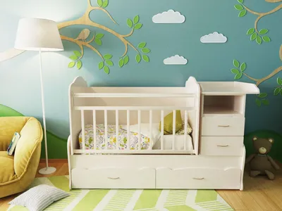 Детская кроватка-трансформер Ecobaby Алиса, кроватка для новорожденных с  пеленальным комодом, подростковая кровать + письменный стол с ящиками,  новинка 2015, цвет СЛОНОВАЯ КОСТЬ