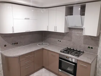 Капучино металлик — угловая, двухцветная, радиусная кухня бело-коричневого  цвета из МДФ в пленке ПВХ в Москве