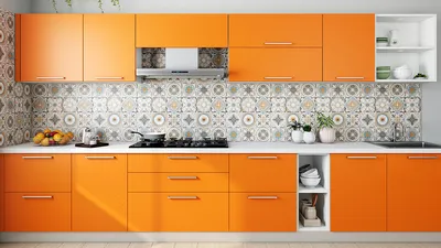 Купить бело-оранжевую кухню с антресолями пластик Ясна недорого в Москве