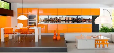 Дизайн Г-образной оранжевой кухни 10 кв.м (12 фото)