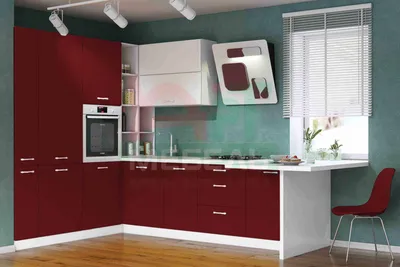 Угловая кухня с фасадами из пластика бордового цвета - модель 6