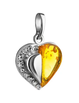 Подвески :: Кулоны-сердечки :: Кулон в форме сердца из серебра и  натурального коньячного янтаря, украшенный кристаллами