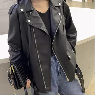 Женская черная оверсайз куртка косуха с поясом - Karia.shop