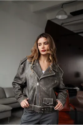 Женская куртка-косуха из кожы телёнка серого цвета в стиле ВИНТАЖ купить в  Киеве — цены от Prima