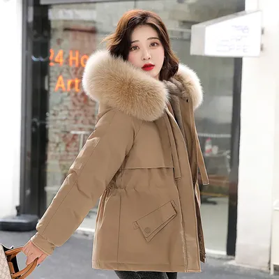 Женская короткая парка с меховым воротником, короткая куртка с капюшоном и  высокой талией в Корейском стиле, зимняя одежда с подкладкой, 2022 |  AliExpress