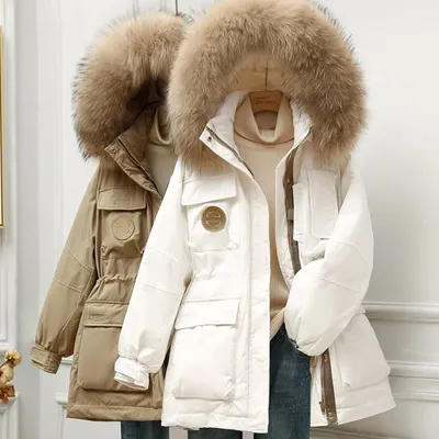 Женская куртка-пуховик с капюшоном и воротником из натурального меха енота,  пальто на белом утином пуху, корейские парки, зимние женские куртки 1058 |  AliExpress