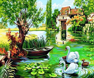 Готовая картина \"Лебеди на пруду\" -Готовые работы