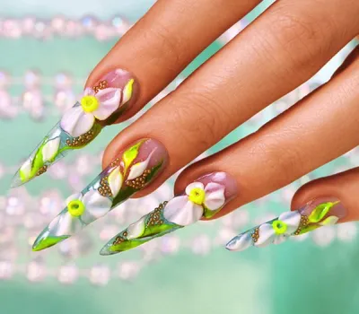 Акриловые яркие цветы на ногтях (64 фото)