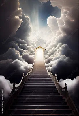 stairway to heaven. Stairs to the sky. Abstract impressionist oil painting  to the pearly gates. Ladder in the clouds. Stock Illustration | Adobe Stock