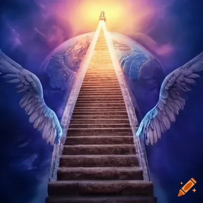 heavenly stairway to heaven with floating clouds angelic angels .  Generative AI Stock Illustration | Adobe Stock