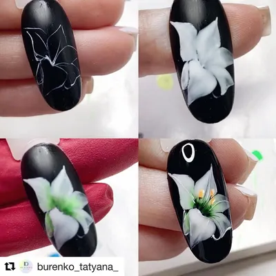 Repost @burenko_tatyana_ with @get_repost ・・・ МК Лилия 1. Делаем контур  белым гель-лаком, сушим 2. Заполняем контур , у меня … | Nail art, Nail  drawing, Lily nails