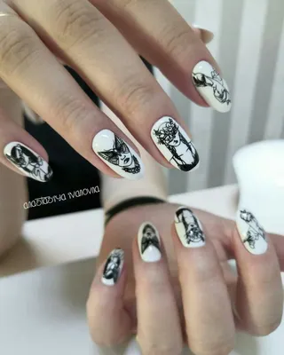 Чёрно-белый маникюр. Лица на ногтях | Nails, Beauty