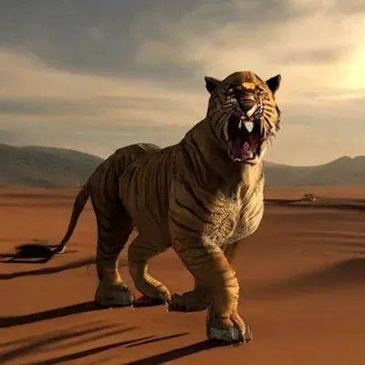 Тигр лысый,саблезубый,в пустыне,3D…» — создано в Шедевруме