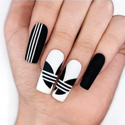 These #Adidas nails by @nailsbycambria are 🔥🔥🔥 Use our Velvet Matte gel  top coat for a long lasting m… | Adidas nails, Super cute nails, Black and  white nail art