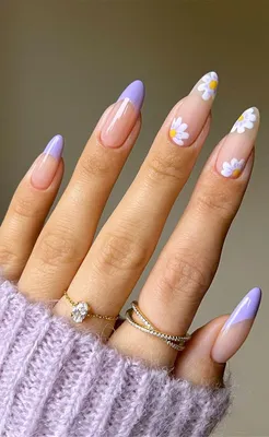 40 Trendy Flower Nail Designs That You Should Try : Lavender French + Daisy  Matte Almond Nails