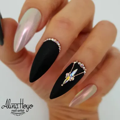 Shiny Punk Style Metallic Black Press On False Nails Chrome - Temu