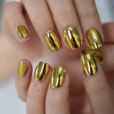 Gold Metallic Punk Fake Nails Short Length Mirror Chrome Acrylic Press on  Nails Pure Color Glossy False Nail Tips for Women and Girls - Walmart.com