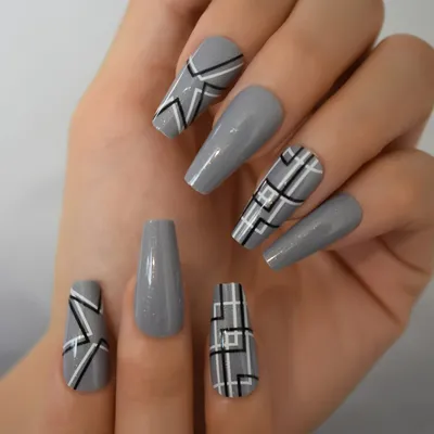 False nails Coffin Grey Geometric Lines Shimmer Gloss 24pk + nail tabs 0158  | eBay