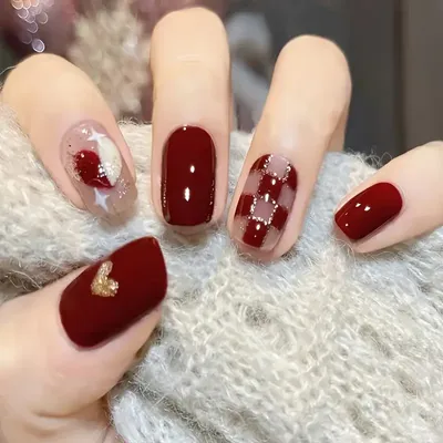 Jelly Red Chess Fake Nails With Glitter Decor Pressed On - Temu Italy