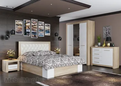 Комплект мебели для спальни Лагуна 8, Гикори темный/Белый матовый, СВ Мебель (Россия)