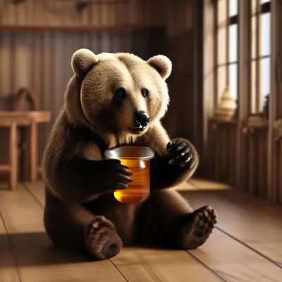 Бурый медведь ест мед, сидя на …» — создано в Шедевруме