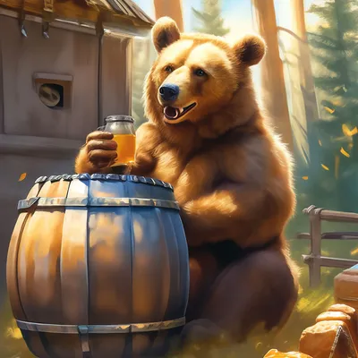 Медведь с боченком меда, ест мед, …» — создано в Шедевруме