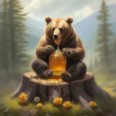Бурый медведь ест мед , красиво, …» — создано в Шедевруме