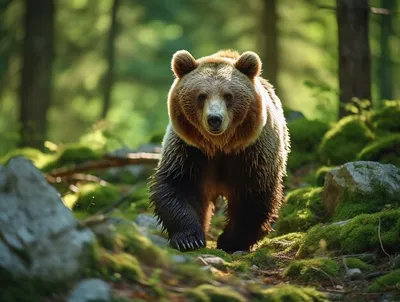 Крупный план бурого медведя в лесу на каменной дороге | Премиум Фото