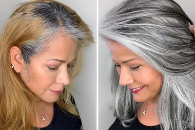 Мелирование на седые волосы фото до и после фото