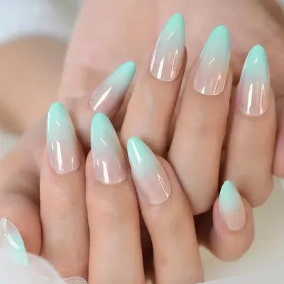 24 Ombre Mint Green Press On Nails w/ Glue Nude pointed almond stiletto  ethereal | eBay