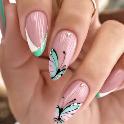 French-Style Artificial Nails Fake Nails With Mint Green White Color  Matching And Butterfly Pattern Golden Shimmering Powder False Nails Water  Drop Shape Fake Nails - Walmart.com