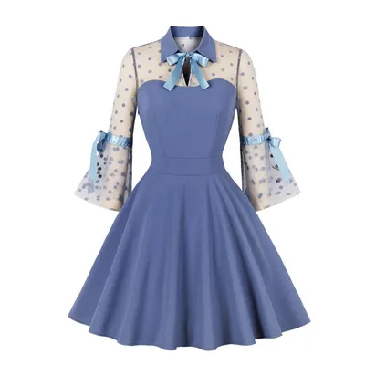 Купить Винтажное платье 50-х годов для женщин длиной до колена в сетку с  лентой в горошек и вырезом в форме сердца, вечерние коктейльные платья для  официальных мероприятий синего цвета | Joom