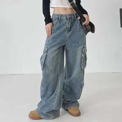 Купить Винтажные брюки-карго мешковатые джинсы женская мода 90-х годов  уличная одежда с карманами широкие брюки с высокой талией прямые джинсовые  брюки Y2k комбинезоны | Joom