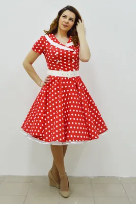 Купить ретро платье красное в белый горох. Цена 3500 руб. Материал: хлопок.  Платье в стиле стиляг 1950-х годов интернет магазин производителя с  доставкой по всей России.
