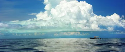 Фон рабочего стола где видно cumulus clouds above the sea, красивые облака,  небо, море, горизонт, обои хорошего качества, 5К, 3440х1440