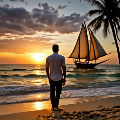 Фото Мужчина стоит на пляже и снимает море
