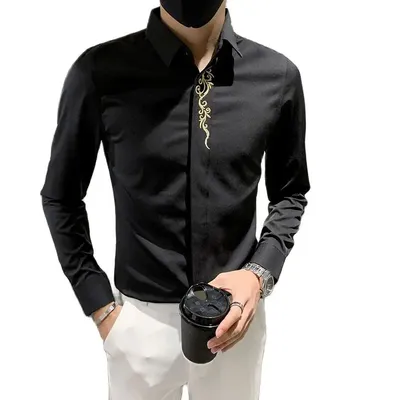 Мужские черные рубашки с золотой вышивкой, приталенные однотонные рубашки с  длинным рукавом, Повседневные Вечерние рубашки для свадьбы | AliExpress