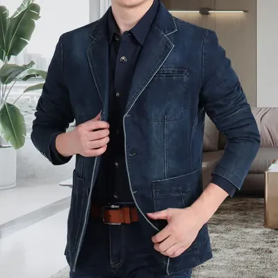 Пиджак мужской джинсовый с длинными рукавами и карманами, однобортный |  AliExpress