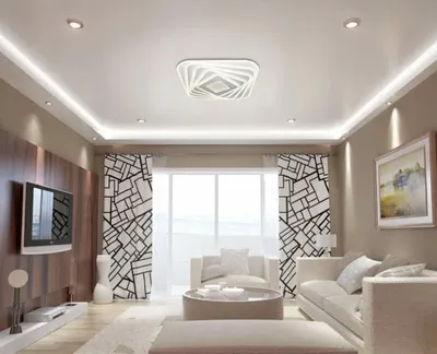 Двухуровневые глянцевые натяжные потолки с подсветкой в зал с установкой 1м2