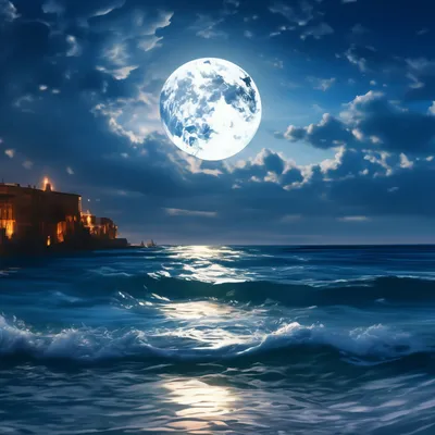 в ночь луны светло-морское море с пышными красочными облаками,  искропливающимися звездами, дом луна, детально распечатанная таинст  Иллюстрация штока - иллюстрации насчитывающей ноча, загадочно: 290903506