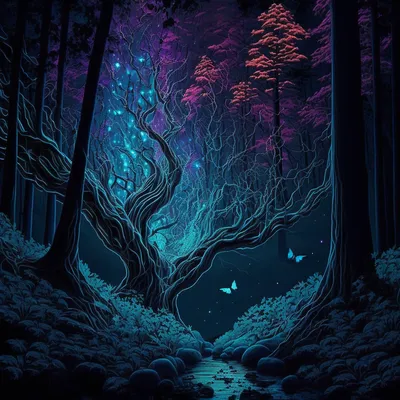 Ночной лес, мистическая огромная луна…» — создано в Шедевруме