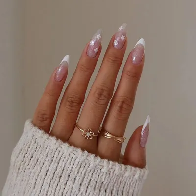 24 шт., искусственные ногти с белым цветком миндаля, телесного и розового  цвета, искусственные ногти для французского маникюра, блестящий дизайн,  профессиональный дизайн ногтей | AliExpress