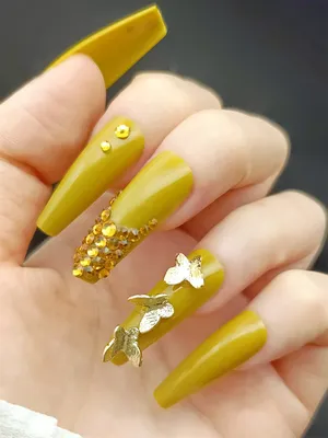 Красивые накладные ногти горчичного желтого цвета в подарочной коробке с  жемчугом и 3D бабочкой дизайн искусства пресс на ногти гроб длинный Декор  24 шт. | AliExpress