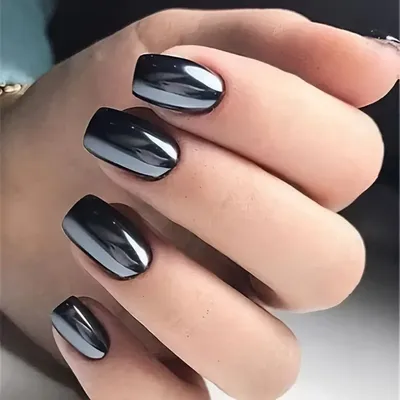 Shiny Punk Style Metallic Black Press On False Nails Chrome - Temu