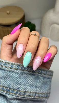 French red, pink, mint, green manicure with crystals on long square nails  Stock Photo | Adobe Stock